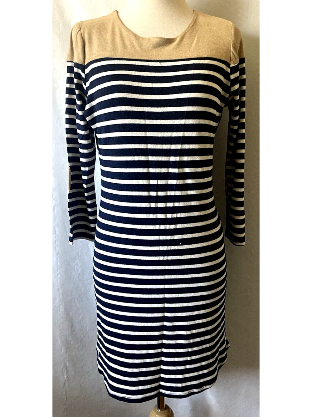 Monteau Cream Beige Striped Blue/ White Dress Size M Elbow Patches